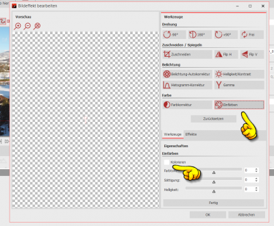 Klick auf Einfärben und dann auf Kolorieren (die weiße Farbfläche)