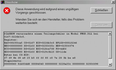 Fehlermeldung nach Start einer DiaShow