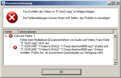 Anschliessende Fehlermeldung