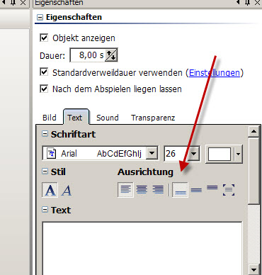 Fehlende Felder für Textausrichtung