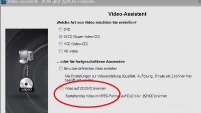 Video-Assistent - abwählen DVD/CD brennen