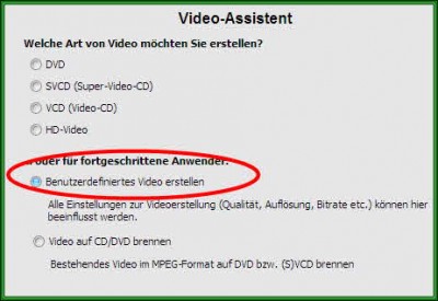 Im Video-Assistenten &quot;benutzerdefiniertes Video&quot; auswählen