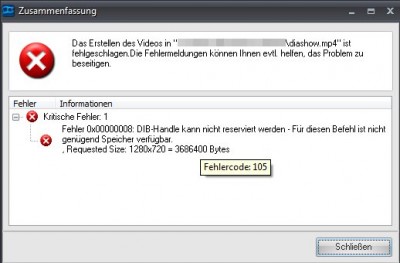 Screenshot der Fehlermeldung