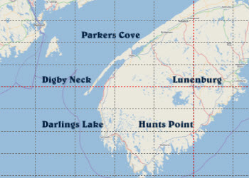 1. Parkers Cove - Digby Neck, 2. Ende der Bucht bis ganz unten, 3. von unten bis Lunenburg