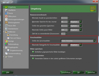 GIMP-Einstellungen ohne thumbnails