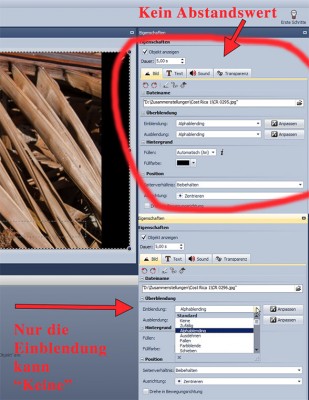 Einstellmöglichkeiten bei Eigenschaften des Fotos (Kein Abstand) und Blendmöglichkeiten beim Einblenden des Fotos