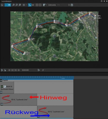 Hin und Rückweg - zur besseren Sichtbarkeit leicht verschoben, damit die Zeit gesehen wird.