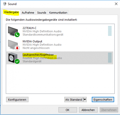Hier unbedingt Lautsprecher/Kopfhörer auswählen